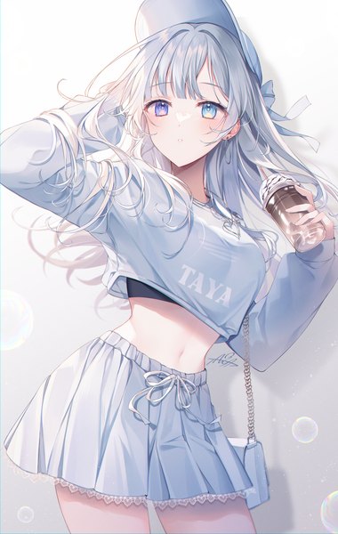 Anime picture 1777x2807 with original taya oco single long hair tall image blush fringe highres blue eyes standing purple eyes holding signed looking away silver hair blunt bangs arm up midriff heterochromia girl