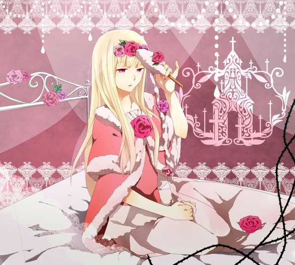Anime picture 1500x1350 with sleeping beauty dornroschen single long hair open mouth blonde hair sitting looking away pink eyes hair flower girl hair ornament rose (roses) bed cape thorns vines