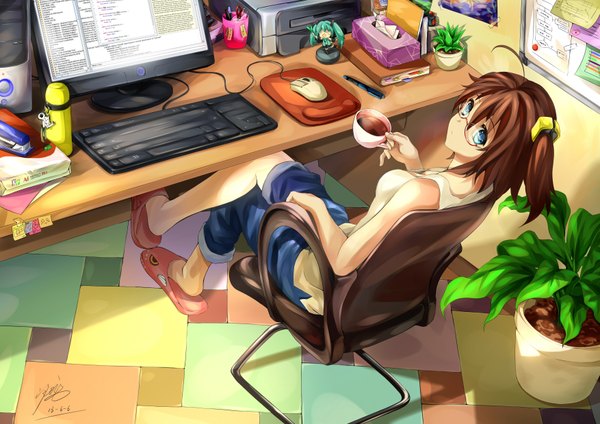 Anime picture 3507x2480 with original yomi yasou single looking at viewer highres short hair blue eyes brown hair sitting signed absurdres girl glasses table cup armchair monitor computer computer keyboard computer mouse