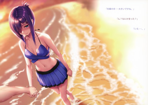 Anime picture 5066x3600 with hanikami kanojo miyatsuki yuna piromizu looking at viewer blush fringe highres short hair breasts blue eyes light erotic bare shoulders payot absurdres cleavage purple hair outdoors barefoot from above blurry