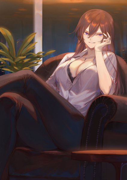 Anime picture 1592x2251 with original oomikado aoi mashuu (neko no oyashiro) single long hair tall image looking at viewer fringe breasts light erotic smile hair between eyes brown hair large breasts sitting purple eyes cleavage indoors parted lips night