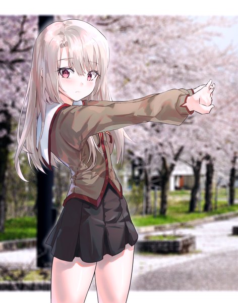 Anime picture 1949x2476 with fate (series) fate/kaleid liner prisma illya illyasviel von einzbern ildy single long hair tall image looking at viewer blush fringe highres hair between eyes red eyes standing silver hair pleated skirt cherry blossoms interlocked fingers girl skirt