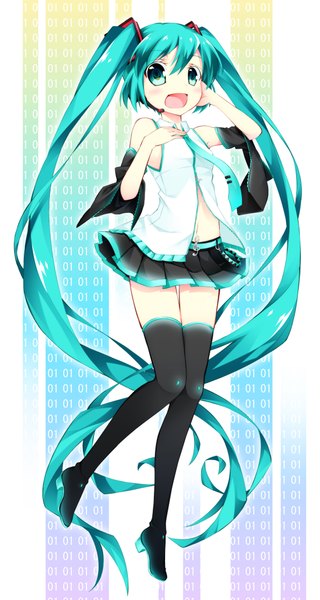 Anime picture 1205x2256 with vocaloid hatsune miku inumine aya single tall image looking at viewer blush open mouth twintails bare shoulders very long hair aqua eyes aqua hair bare belly girl detached sleeves boots thigh boots