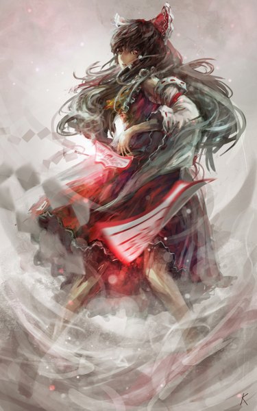 Anime picture 1748x2797 with touhou hakurei reimu chan (realk) long hair tall image highres open mouth red eyes brown hair blurry girl hair ornament bow hair bow detached sleeves hair tubes