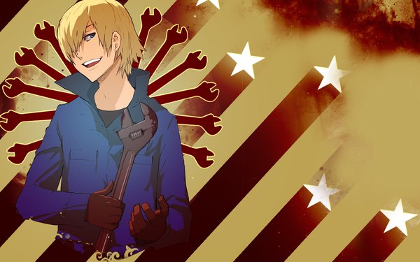 Anime picture 1440x900 with baccano! graham spector fringe blue eyes blonde hair smile wide image scan hair over one eye city boy gloves choker star (symbol) wrench