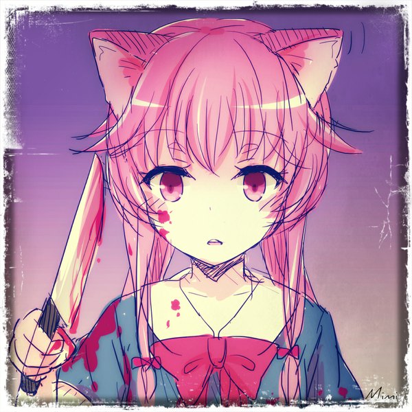 Anime picture 1024x1024 with mirai nikki gasai yuno mimich4n single long hair fringe open mouth twintails holding animal ears pink hair pink eyes cat ears girl uniform bow school uniform blood knife