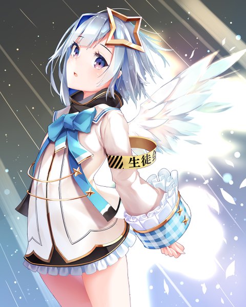 Anime picture 2000x2500 with virtual youtuber hololive amane kanata amane kanata (1st costume) mogmog single tall image looking at viewer highres short hair open mouth purple eyes silver hair girl hair ornament wings sleeve cuffs armband