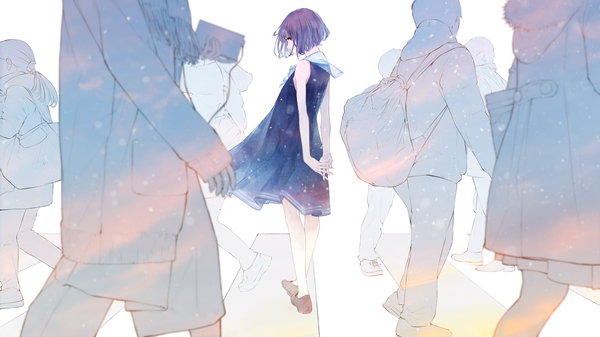 Anime picture 1920x1080 with original sousou (sousouworks) looking at viewer fringe highres short hair wide image standing purple hair looking back snowing solo focus hands behind back polychromatic crosswalk girl backpack people sailor dress