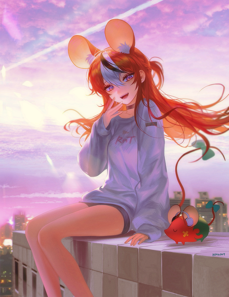 Anime picture 2171x2805 with virtual youtuber hololive hololive english hakos baelz mr. squeaks (hakos baelz) handot (d yot ) single long hair tall image fringe highres open mouth hair between eyes sitting purple eyes animal ears sky outdoors red hair tail