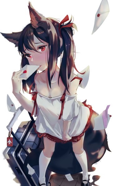 Anime picture 2126x3508 with original bokujuu single long hair tall image looking at viewer blush fringe highres breasts light erotic black hair simple background hair between eyes red eyes standing white background twintails holding animal ears