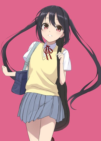 Anime picture 700x972 with k-on! kyoto animation nakano azusa nananichi single long hair tall image looking at viewer fringe black hair simple background smile hair between eyes twintails holding payot pink eyes teeth short sleeves happy
