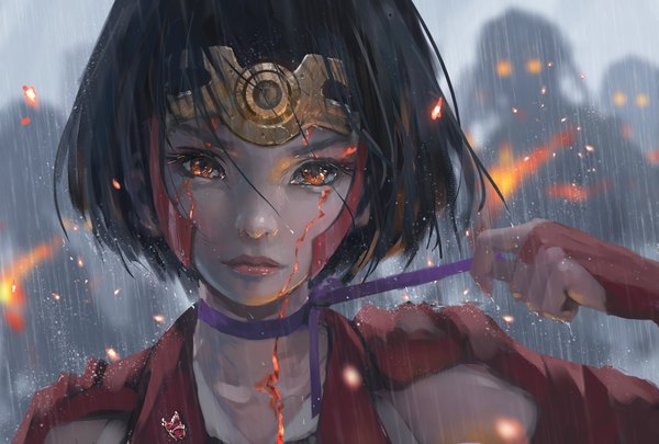 Anime picture 3637x2457 with koutetsujou no kabaneri wit studio mumei (kabaneri) wlop looking at viewer highres short hair black hair holding absurdres upper body outdoors head tilt lips blurry realistic wet orange eyes depth of field lipstick