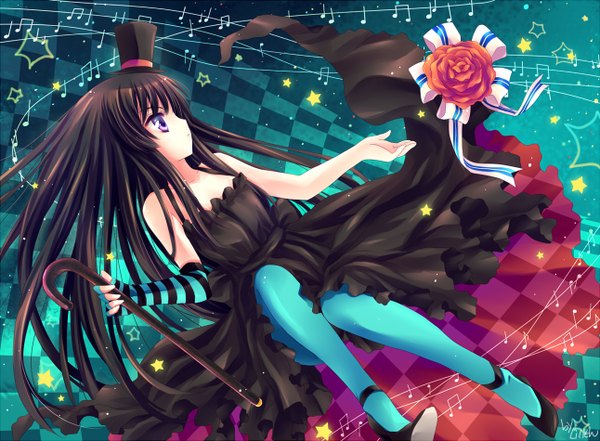 Anime picture 1292x950 with k-on! kyoto animation akiyama mio lilith (kururuno) long hair black hair purple eyes dress ribbon (ribbons) hat pantyhose rose (roses)
