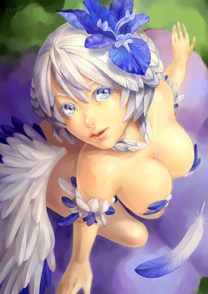 Anime picture 1240x1754 with odin sphere vanillaware gwendolyn 19831031 (pixiv) single tall image short hair open mouth blue eyes light erotic bare shoulders cleavage silver hair hair flower lips looking up spread arms girl hair ornament wings