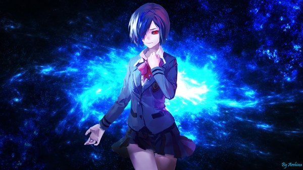 Anime picture 1920x1080 with tokyo ghoul studio pierrot kirishima touka liyou-ryon arehina single looking at viewer fringe highres short hair smile red eyes wide image signed blue hair hair over one eye hand on chest glow spoilers black sclera