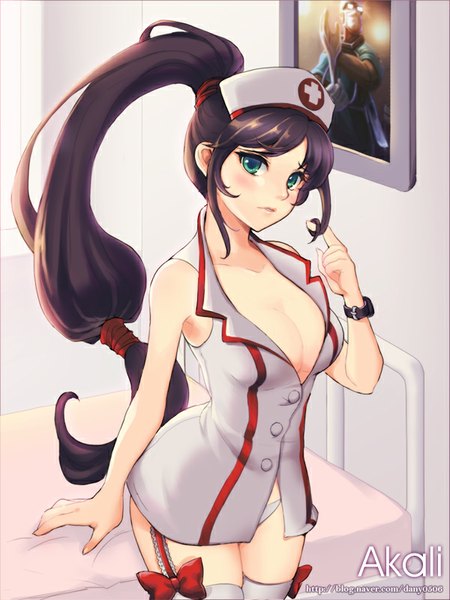 Anime picture 600x800 with league of legends akali (league of legends) shen (league of legends) dakun87 (artist) long hair tall image looking at viewer blush breasts light erotic black hair green eyes ponytail no bra nurse girl thighhighs underwear panties white thighhighs