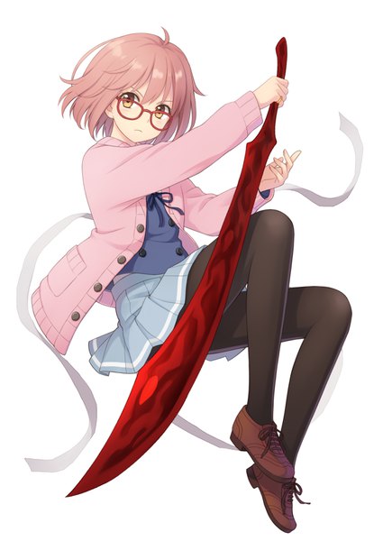 Anime picture 620x876 with kyoukai no kanata kyoto animation kuriyama mirai kuro (chrono) single tall image looking at viewer blush fringe short hair simple background hair between eyes white background holding yellow eyes pink hair full body bent knee (knees) long sleeves pleated skirt