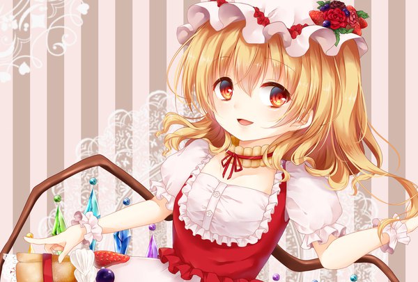 Anime picture 2048x1388 with touhou flandre scarlet mumu crown single long hair looking at viewer fringe highres open mouth simple background blonde hair smile hair between eyes red eyes upper body short sleeves puffy sleeves one side up flat chest spread arms