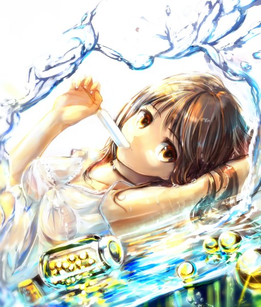 Anime picture 1020x1200 with original sakura ani long hair tall image looking at viewer brown hair yellow eyes lying girl water food sweets sundress ice cream