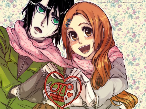 Anime picture 1000x745 with bleach studio pierrot inoue orihime ulquiorra schiffer rusky long hair looking at viewer blush short hair open mouth black hair brown eyes green eyes signed nail polish orange hair couple heart hands espada shared scarf