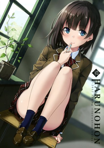 Anime picture 2404x3395 with original unasaka ryou single tall image looking at viewer blush fringe highres short hair blue eyes light erotic smile brown hair sitting holding full body bent knee (knees) indoors nail polish pleated skirt