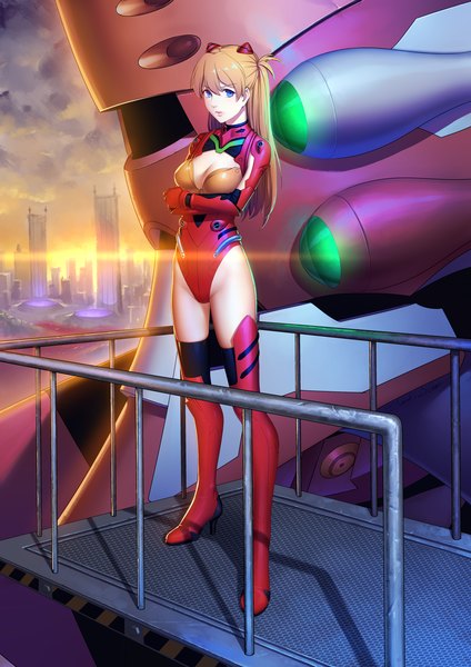 Anime picture 2480x3507 with neon genesis evangelion gainax soryu asuka langley eva 02 daye bie qia lian single long hair tall image looking at viewer highres breasts blue eyes light erotic blonde hair girl gloves hair ornament elbow gloves boots thigh boots