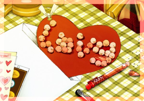 Аниме картинка 1600x1121 с takano (hiyocoara) спит без людей клетчатый узор лента (ленты) животное сердце (символ) птица (птицы) подарок ручка коробка карандаш конверт картонная коробка открытка