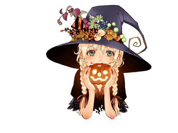 Anime picture 1300x974 with original kazue kato single long hair looking at viewer blush fringe blonde hair smile halloween girl hat witch hat hands