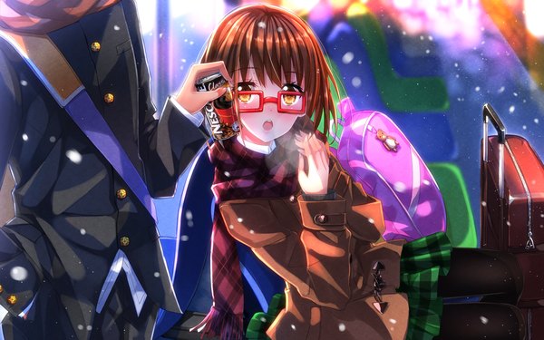 Anime picture 1680x1050 with z-kai: cross road miho (cross road) shouta swordsouls short hair open mouth brown hair sitting brown eyes exhalation girl boy skirt uniform school uniform glasses jacket scarf suitcase coffee