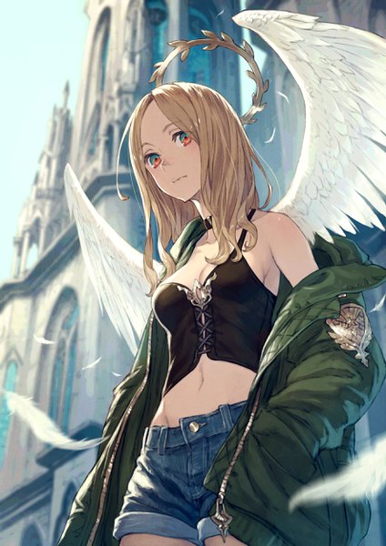 Anime picture 1768x2500 with original kusano shinta single long hair tall image looking at viewer blush fringe highres breasts blonde hair red eyes standing sky cleavage outdoors blurry off shoulder open jacket from below