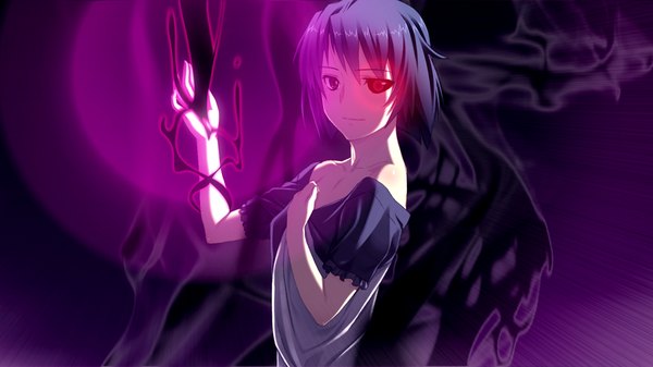 Anime picture 1024x576 with suigetsu 2 short hair black hair wide image game cg heterochromia glowing glowing eye (eyes) girl dress