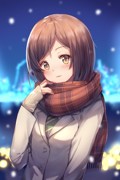 Anime picture 2000x3000 with bang dream! hazawa tsugumi nogi momoko single tall image looking at viewer blush fringe highres short hair open mouth smile brown hair standing yellow eyes outdoors long sleeves blurry night depth of field