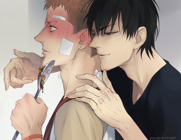 Anime picture 1320x1024 with 19 days mo guan shan he tian tashami blush fringe short hair black hair hair between eyes brown hair parted lips profile embarrassed piercing ear piercing shounen ai hand on another's shoulder bandaid on face scared boy