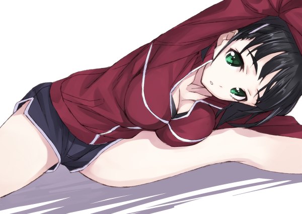 Anime picture 1200x850 with sword art online a-1 pictures kirigaya suguha matsuryuu single looking at viewer short hair breasts black hair simple background white background green eyes stretch girl jacket shorts short shorts track jacket