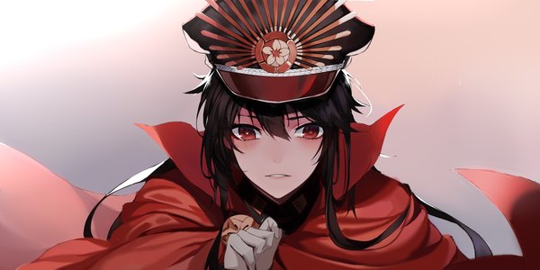 Anime picture 1500x750 with fate (series) fate/grand order koha-ace oda nobunaga (fate) (all) oda nobunaga (fate) lanzero single long hair fringe black hair simple background hair between eyes red eyes wide image parted lips arm up gradient background looking down portrait girl