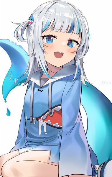 Anime picture 633x1000 with virtual youtuber hololive hololive english gawr gura gawr gura (1st costume) aroa (aroamoyasi) single long hair tall image looking at viewer blush open mouth blue eyes simple background white background sitting signed silver hair tail :d