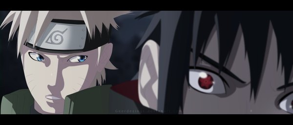 Anime picture 1200x512 with naruto studio pierrot naruto (series) uzumaki naruto uchiha sasuke igeerr short hair blue eyes black hair blonde hair red eyes wide image coloring facial mark letterboxed close-up face whisker markings jinchuriki sharingan