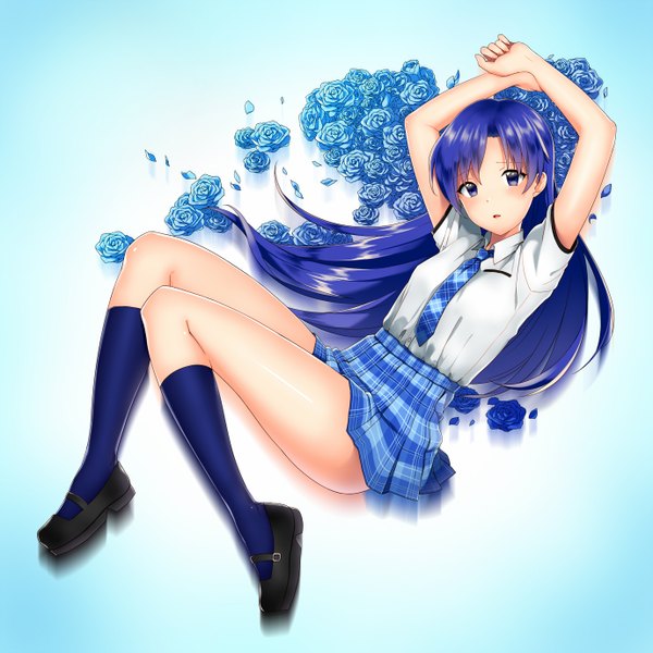 Anime picture 1378x1378 with idolmaster idolmaster (classic) kisaragi chihaya hinnu@ao single long hair looking at viewer blush open mouth blue eyes blue hair rough time school girl skirt uniform flower (flowers) school uniform shirt petals socks