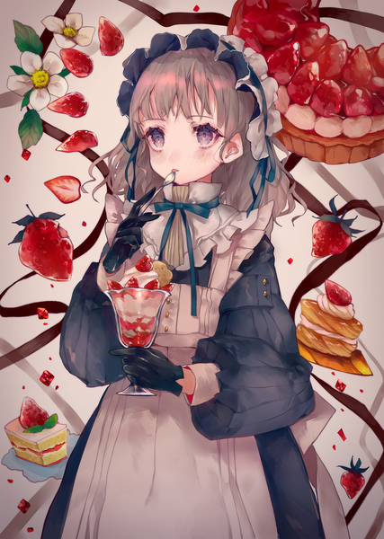 Anime picture 1425x2000 with original cha goma single long hair tall image blush fringe simple background brown hair standing purple eyes holding looking away blunt bangs maid girl dress gloves uniform flower (flowers)