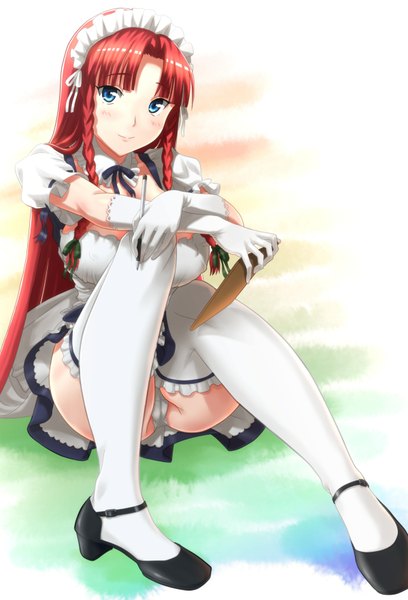 Anime picture 1200x1765 with touhou hong meiling kezune (i- -i) single long hair tall image looking at viewer blush blue eyes light erotic smile red hair braid (braids) maid pantyshot twin braids pantyshot sitting girl thighhighs dress