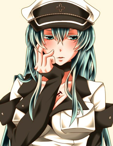 Anime picture 640x824 with akame ga kill! white fox esdeath kohinata kanade (artist) single long hair tall image blush fringe breasts simple background large breasts green eyes looking away green hair yellow background hand on cheek girl peaked cap clothes