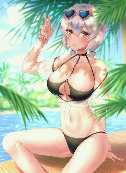 Anime picture 1493x2048 with azur lane sirius (azur lane) sirius (scorching-hot seirios) (azur lane) xiho (suna) single tall image looking at viewer blush fringe short hair breasts light erotic smile hair between eyes large breasts sitting twintails sky cleavage cloud (clouds)