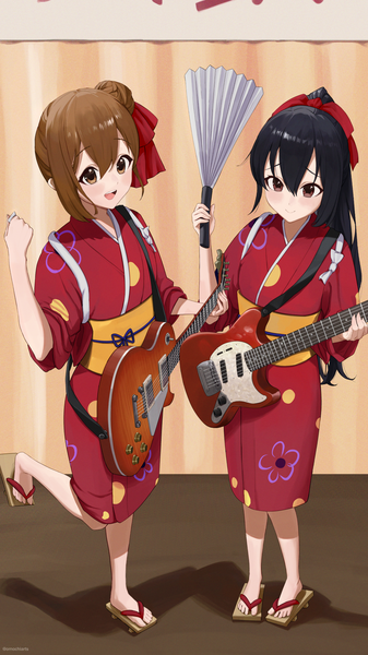 Anime picture 1232x2191 with k-on! kyoto animation hirasawa yui nakano azusa omochiarts long hair tall image fringe short hair black hair hair between eyes brown hair standing bare shoulders multiple girls brown eyes full body ponytail traditional clothes japanese clothes