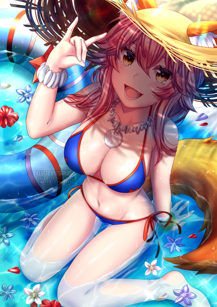 Anime picture 800x1132 with fate (series) fate/grand order tamamo (fate) (all) tamamo no mae (swimsuit lancer) (fate) saruei single long hair tall image looking at viewer blush fringe breasts open mouth light erotic smile hair between eyes large breasts sitting animal ears yellow eyes