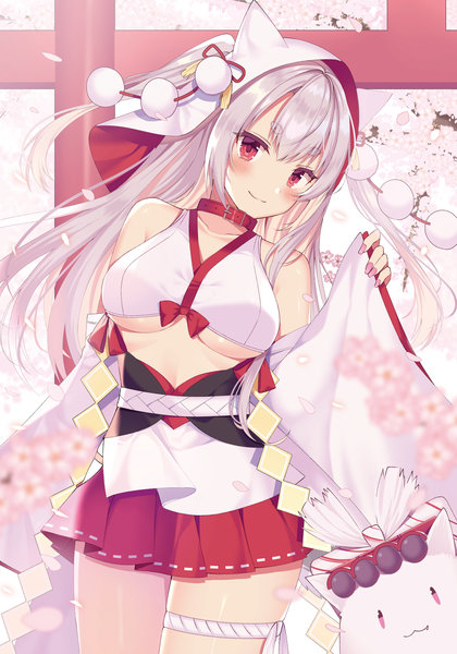 Anime picture 1740x2485 with azur lane yuudachi (azur lane) yuudachi (the bride of solomon) (azur lane) izumo neru single long hair tall image looking at viewer blush fringe highres breasts light erotic smile red eyes large breasts standing bare shoulders animal ears payot