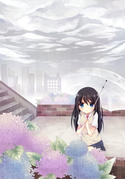 Anime picture 662x945 with original ytuorvi single long hair tall image blush blue eyes black hair sky cloud (clouds) parted lips pleated skirt city rain cityscape girl skirt uniform flower (flowers) school uniform