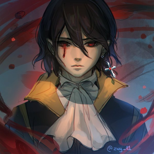 Anime picture 1500x1500 with noblesse cadis etrama di raizel zwy01 single looking at viewer fringe short hair black hair simple background hair between eyes red eyes signed upper body twitter username crying blood on face vampire bloody tears boy blood