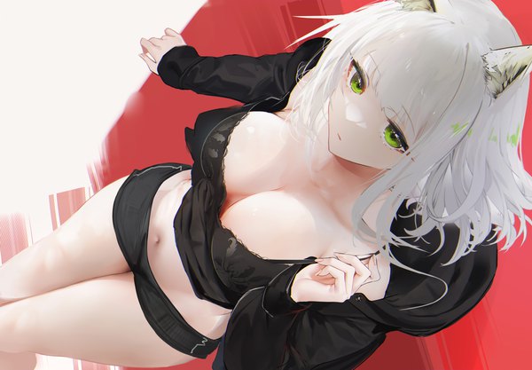 Anime picture 6616x4600 with arknights kal'tsit (arknights) omone hokoma agm single looking at viewer fringe highres short hair breasts light erotic large breasts green eyes animal ears absurdres cleavage white hair lying blunt bangs long sleeves cat ears