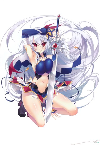 Anime picture 5646x8176 with madan no ou to vanadis ginyoi kairo (artbook) eleonora viltaria katagiri hinata single tall image looking at viewer highres breasts light erotic simple background red eyes large breasts white background absurdres white hair very long hair scan girl skirt