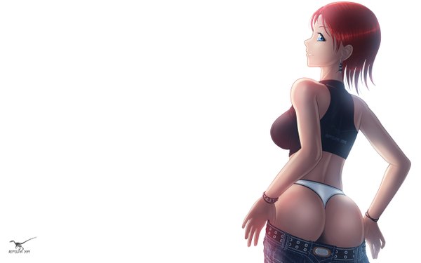 Anime picture 1280x800 with original reptileye (artist) single short hair blue eyes light erotic simple background wide image white background ass red hair looking back from behind girl underwear panties earrings jeans
